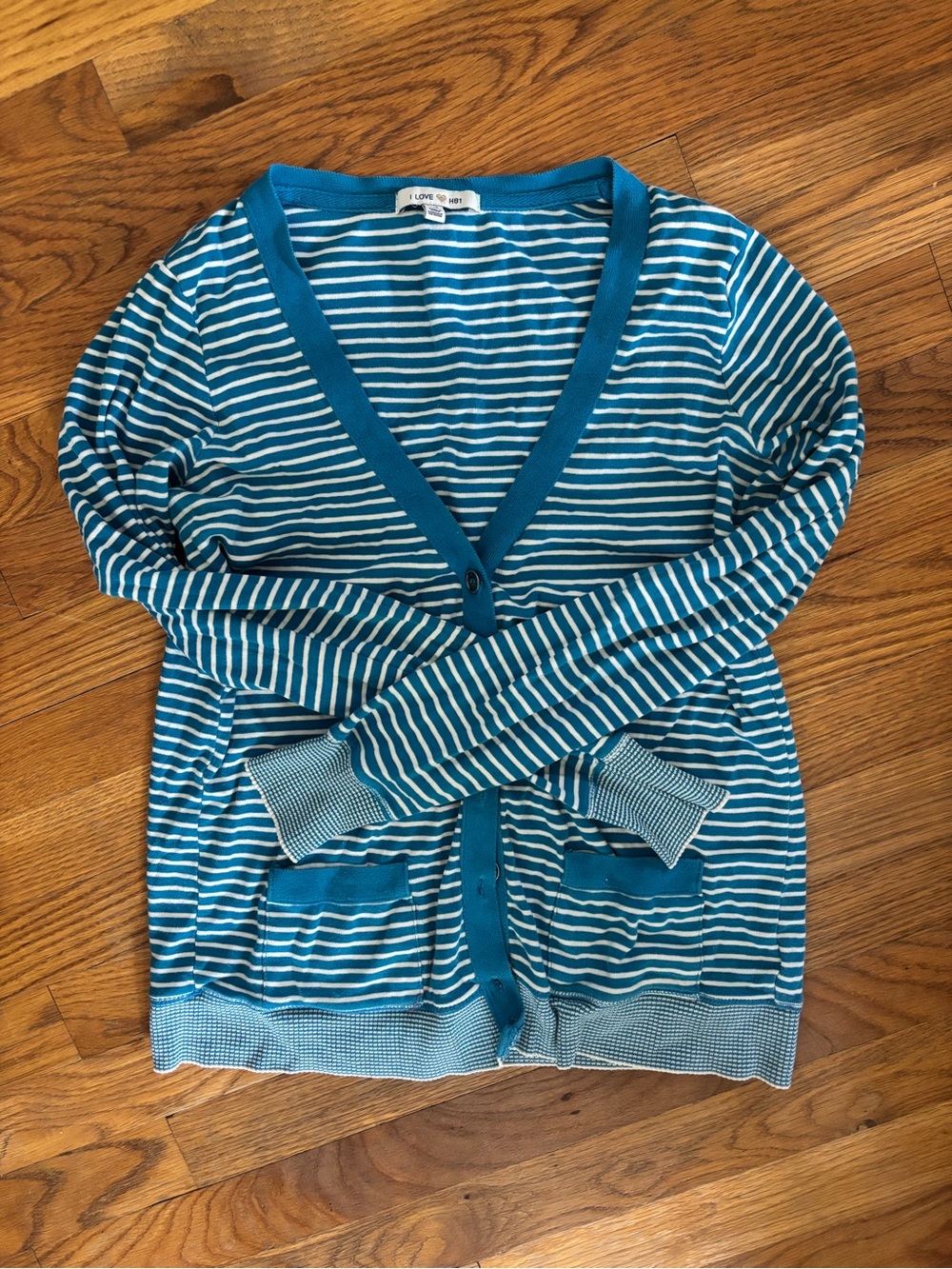 Forever 21 Teal and White Striped V-Neck Cardigan